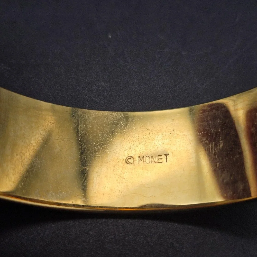 Monet Enamel Bangle Bracelet Coral Gray Beige Gold Tone Vintage